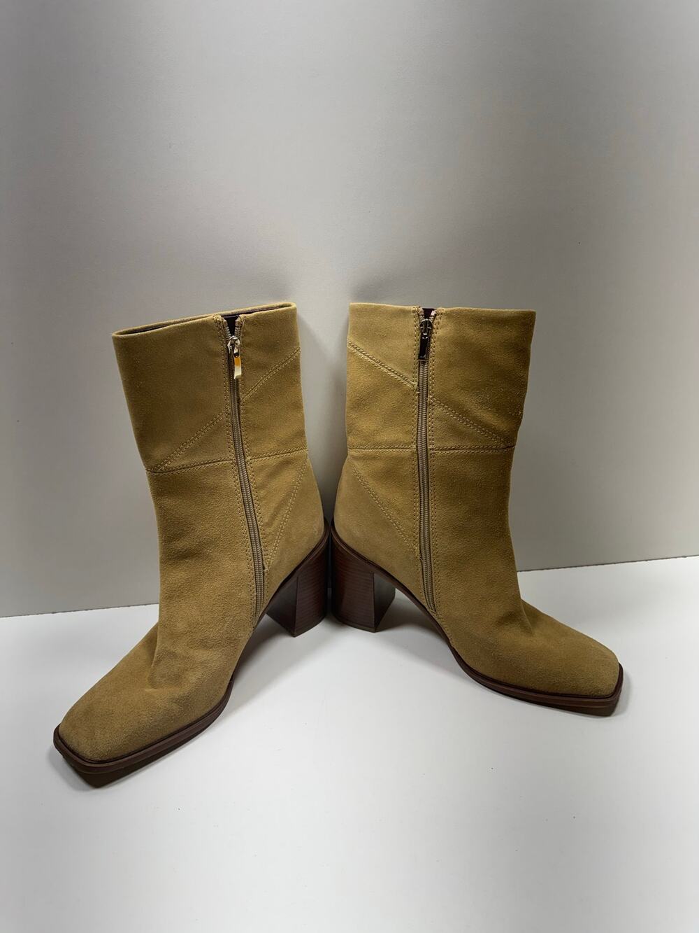 Franco Sarto Women’s Suede L-Stevie Boots Sz 11M Side Zip Tan Mid Calf Boho